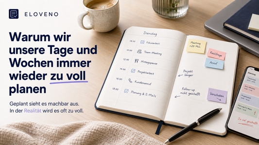 Vergleich zwischen einem geplanten Dienstag und demselben Tag in der Realität mit Rückfragen, Unterbrechungen und längeren Aufgaben.